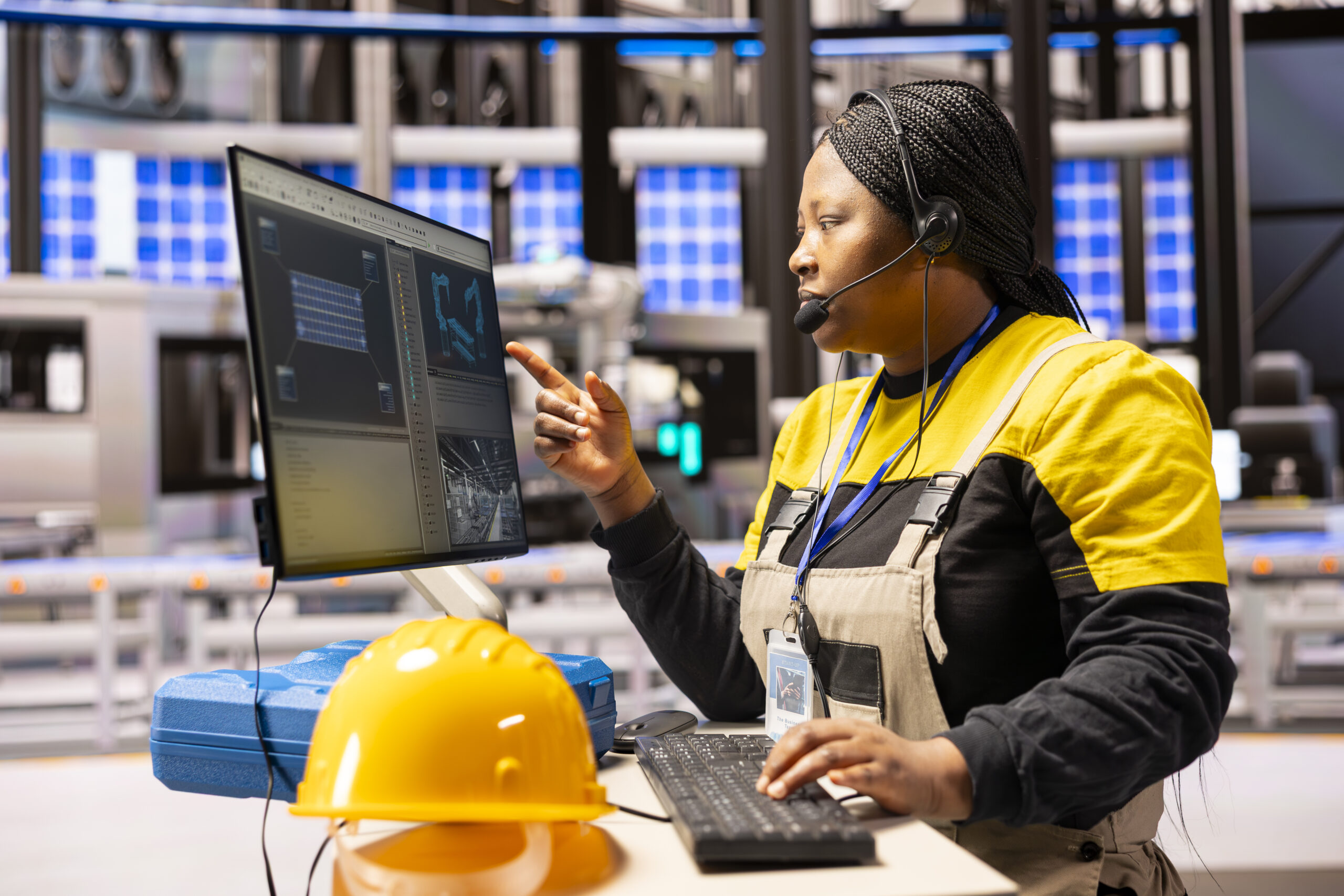 Female engineer supervises production line, using automation system to enhance conveyor belt speed and manufacturing efficiency in smart factory. Industry 4.0 expert manages optimization of robot arm.